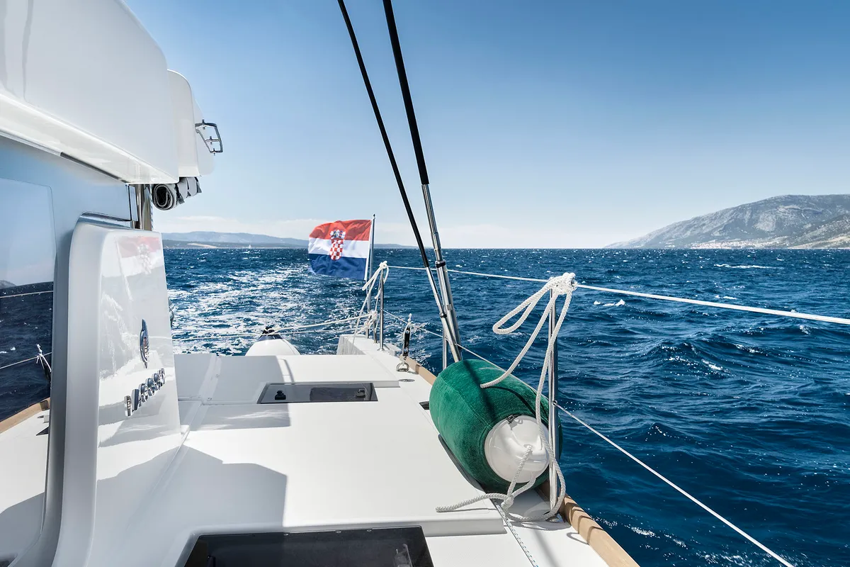 Deck of Emerald Gemini, a Lagoon 52 F OW catamaran at Grad Kaštela, Croatia