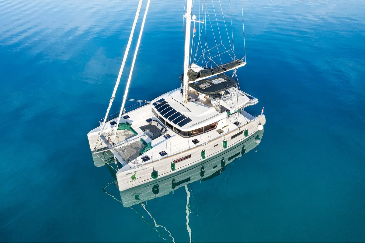 Exterior view of Emerald Gemini, a Lagoon 52 F OW catamaran at Grad Kaštela, Croatia