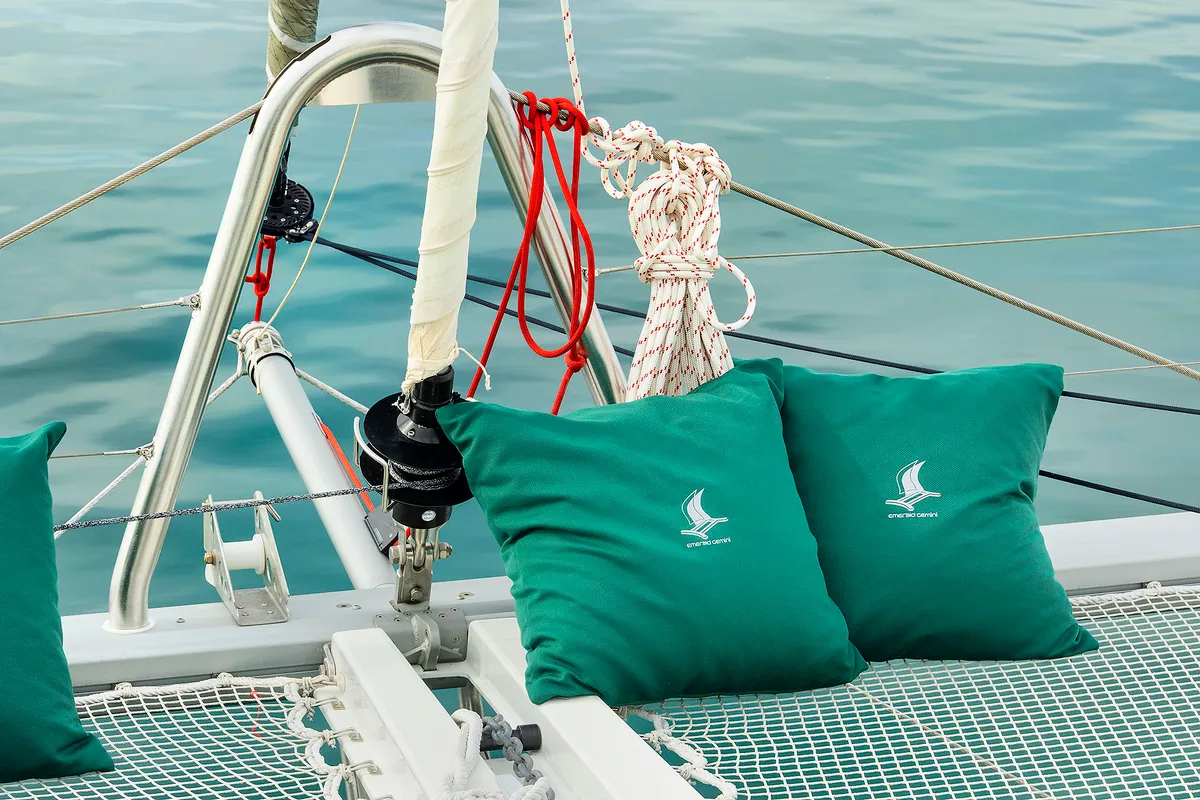 Deck of Emerald Gemini, a Lagoon 52 F OW catamaran at Grad Kaštela, Croatia