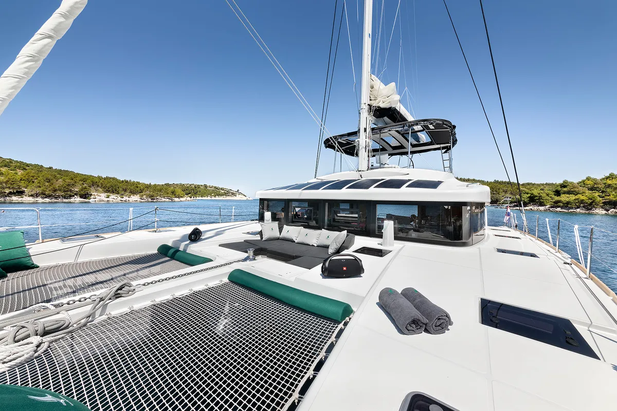 Deck of Emerald Gemini, a Lagoon 52 F OW catamaran at Grad Kaštela, Croatia