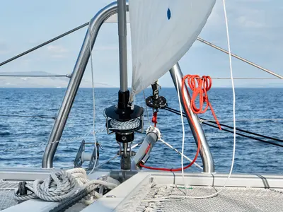 Deck of Emerald Gemini, a Lagoon 52 F OW catamaran at Grad Kaštela, Croatia