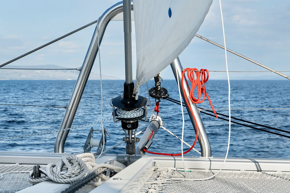 Deck of Emerald Gemini, a Lagoon 52 F OW catamaran at Grad Kaštela, Croatia