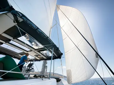 Cockpit of Emerald Gemini, a Lagoon 52 F OW catamaran at Grad Kaštela, Croatia