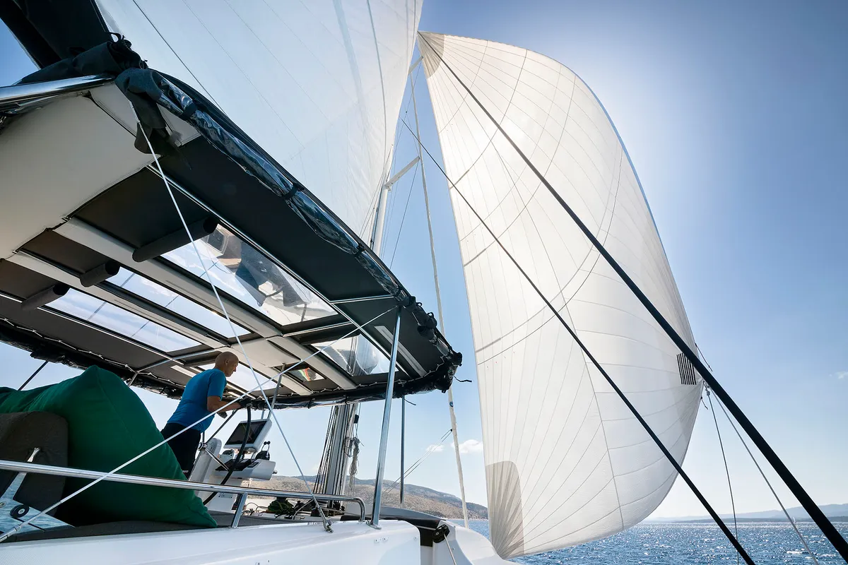 Cockpit of Emerald Gemini, a Lagoon 52 F OW catamaran at Grad Kaštela, Croatia