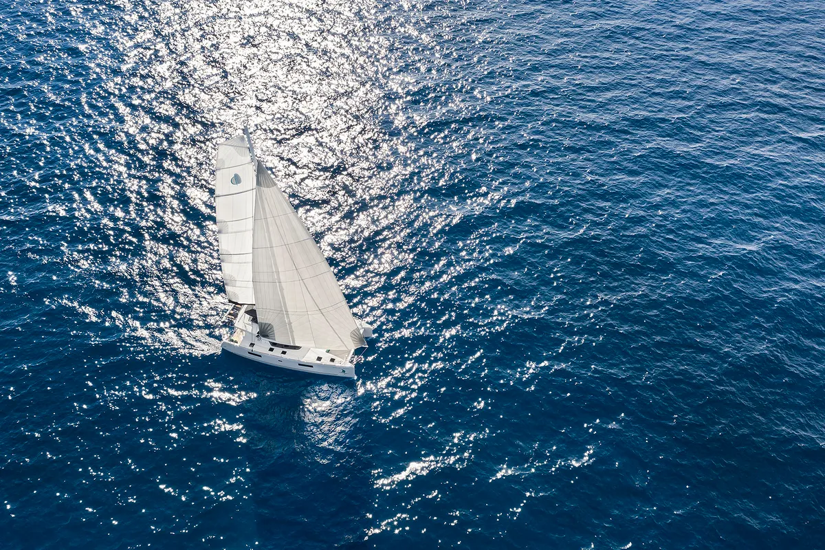 Exterior view of Emerald Gemini, a Lagoon 52 F OW catamaran at Grad Kaštela, Croatia