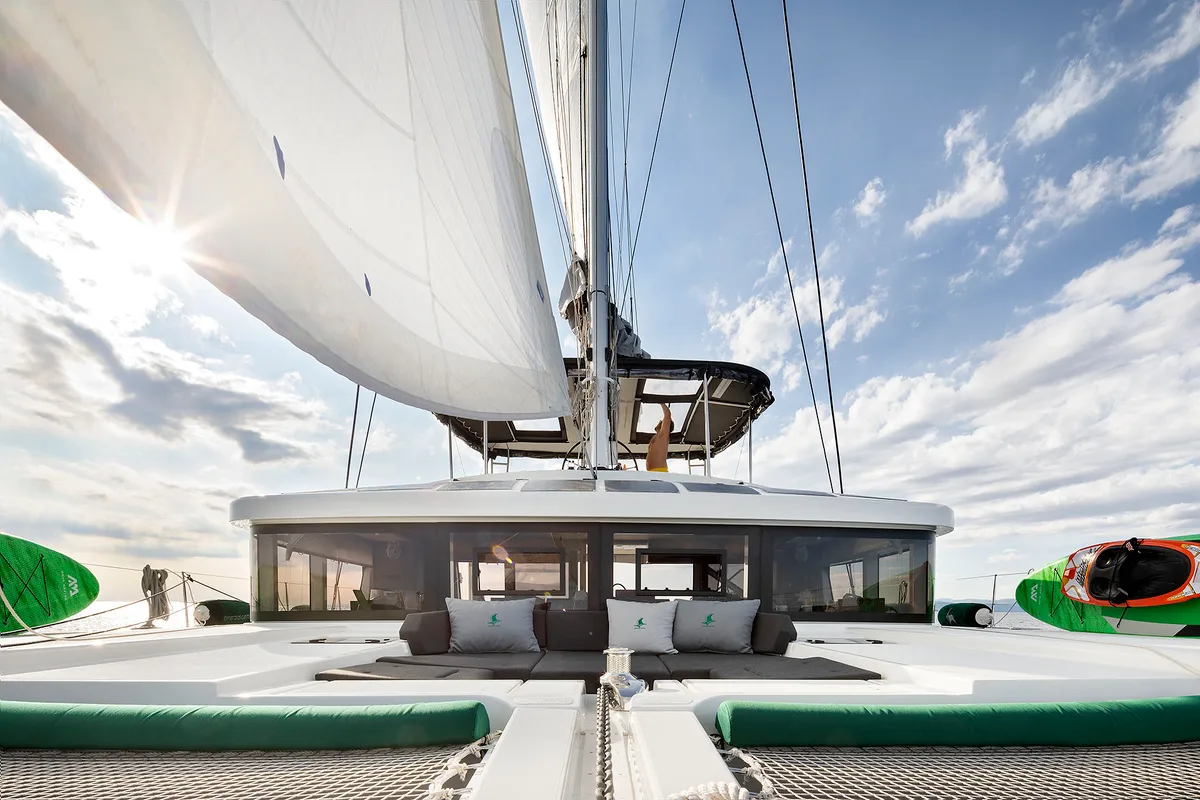 Deck of Emerald Gemini, a Lagoon 52 F OW catamaran at Grad Kaštela, Croatia