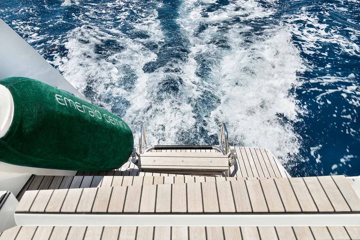 Deck of Emerald Gemini, a Lagoon 52 F OW catamaran at Grad Kaštela, Croatia