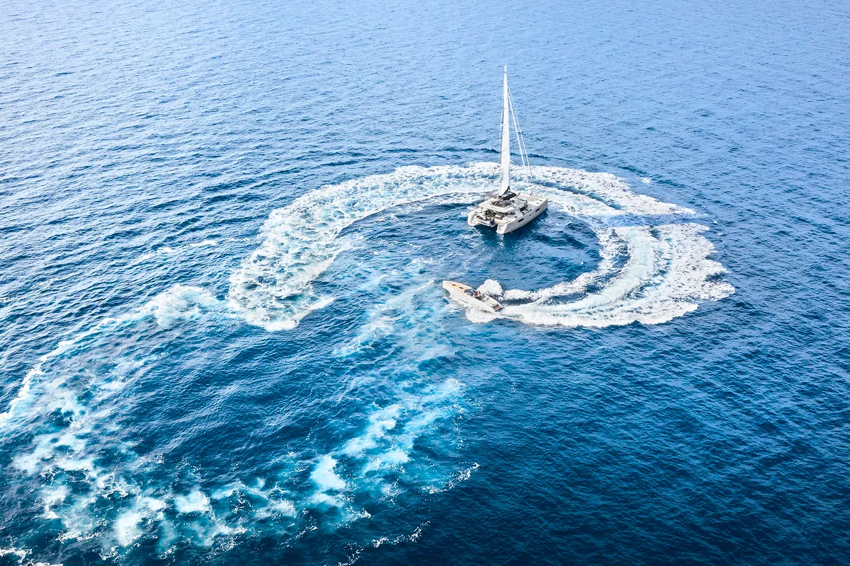 Exterior view of Emerald Gemini, a Lagoon 52 F OW catamaran at Grad Kaštela, Croatia