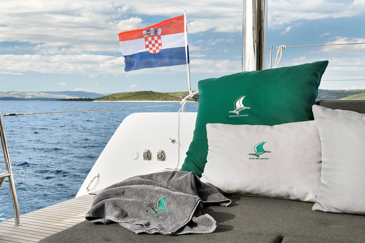 Deck of Emerald Gemini, a Lagoon 52 F OW catamaran at Grad Kaštela, Croatia
