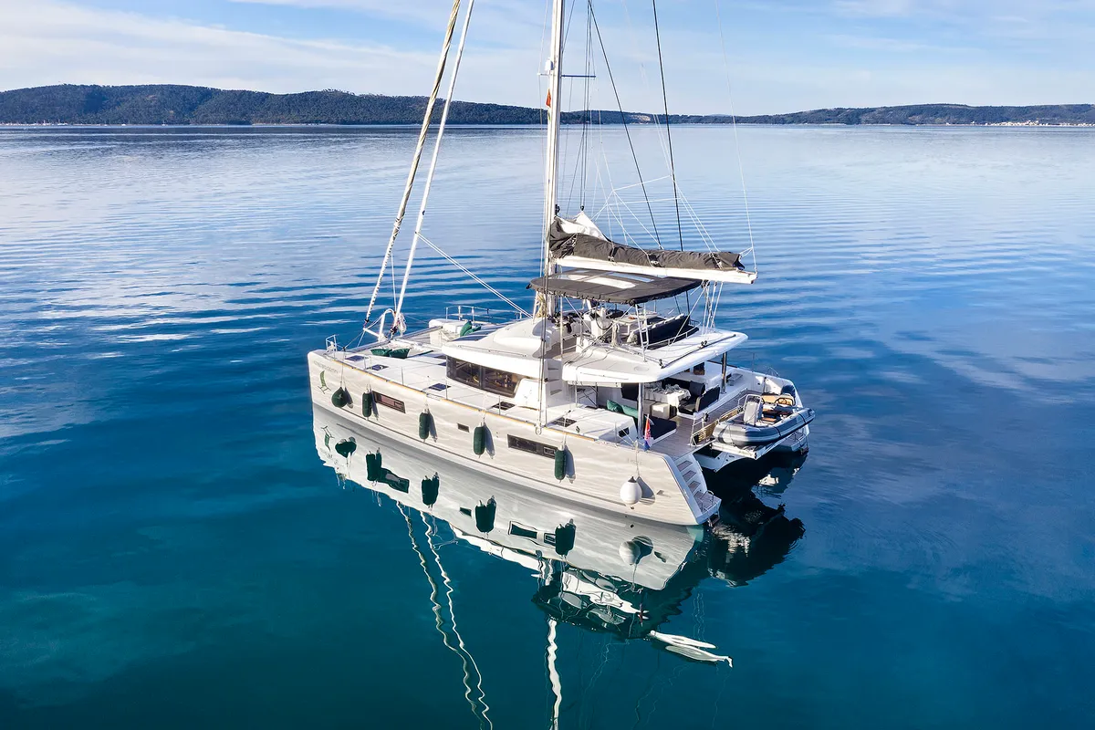 Exterior view of Emerald Gemini, a Lagoon 52 F OW catamaran at Grad Kaštela, Croatia