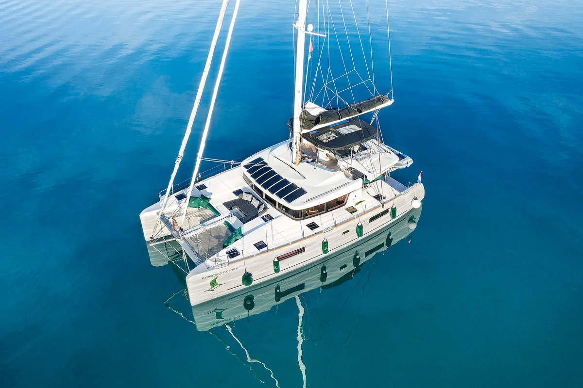 Exterior view of Emerald Gemini, a Lagoon 52 F OW catamaran at Grad Kaštela, Croatia