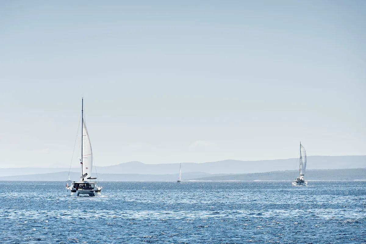 Exterior view of Emerald Gemini, a Lagoon 52 F OW catamaran at Grad Kaštela, Croatia
