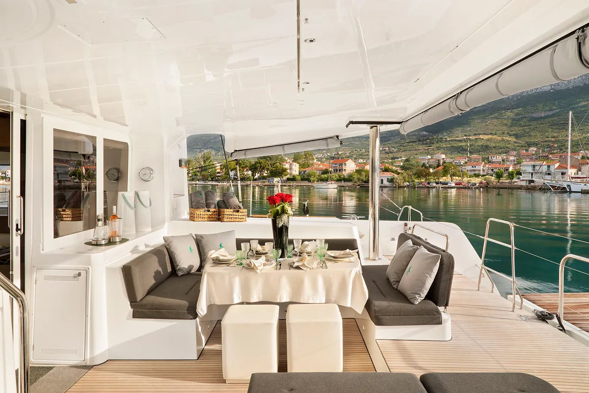Deck of Emerald Gemini, a Lagoon 52 F OW catamaran at Grad Kaštela, Croatia
