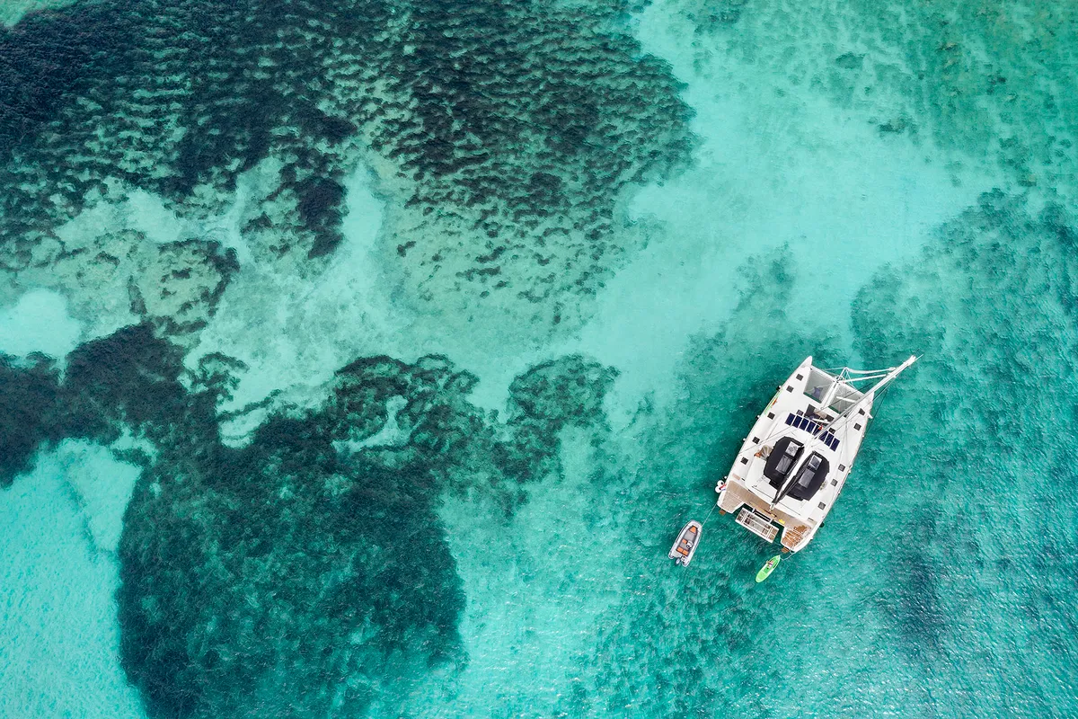 Exterior view of Emerald Gemini, a Lagoon 52 F OW catamaran at Grad Kaštela, Croatia