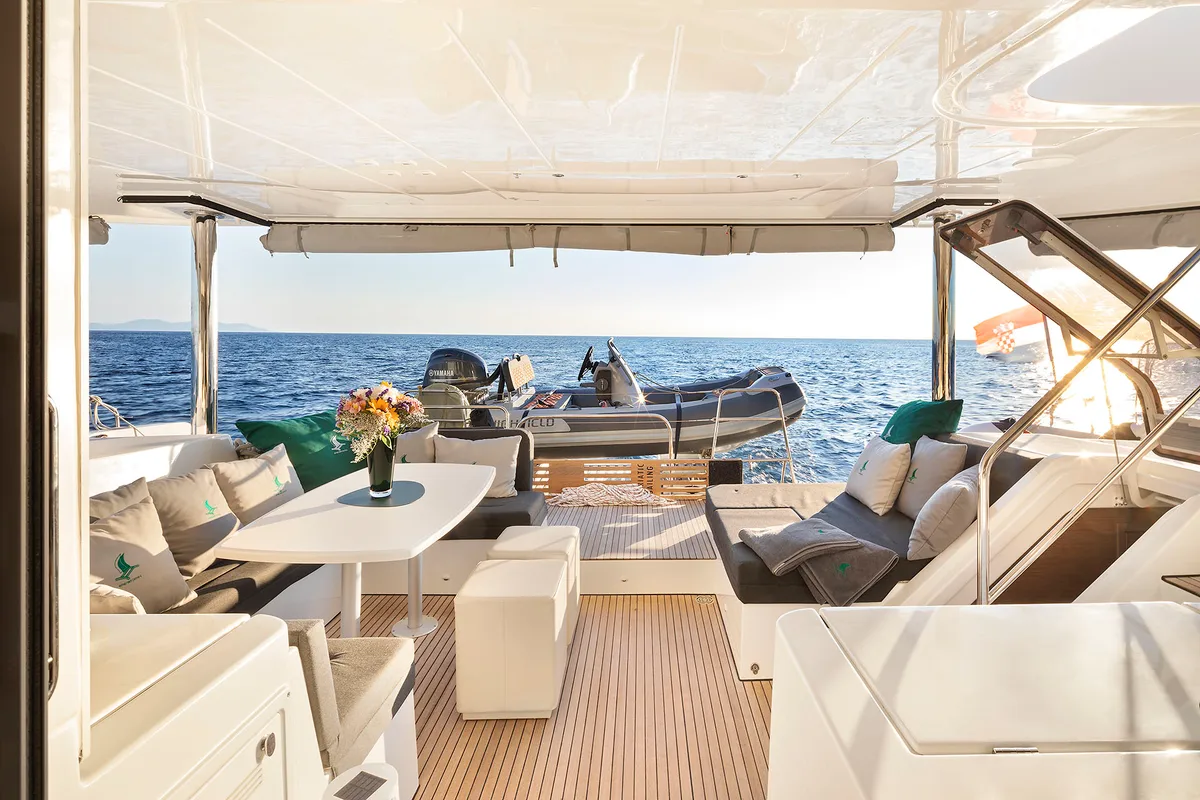Deck of Emerald Gemini, a Lagoon 52 F OW catamaran at Grad Kaštela, Croatia