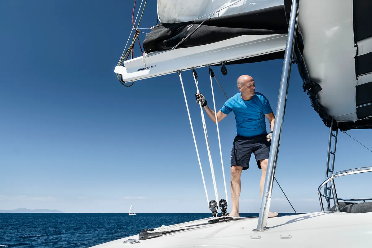 Deck of Emerald Gemini, a Lagoon 52 F OW catamaran at Grad Kaštela, Croatia