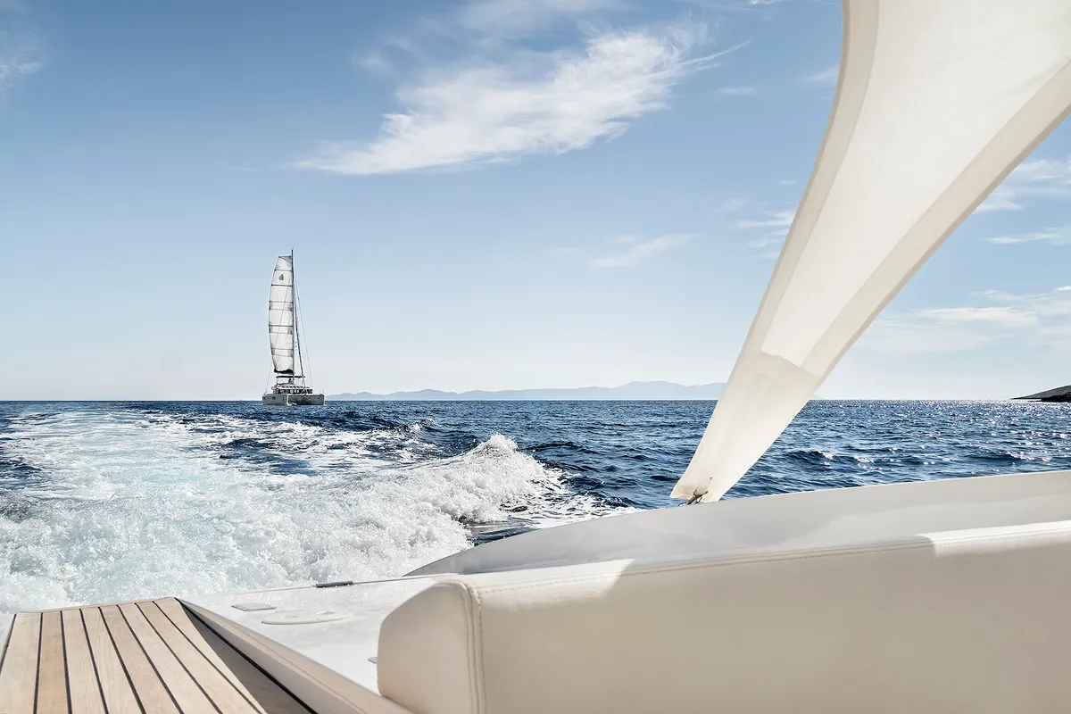 Exterior view of Emerald Gemini, a Lagoon 52 F OW catamaran at Grad Kaštela, Croatia