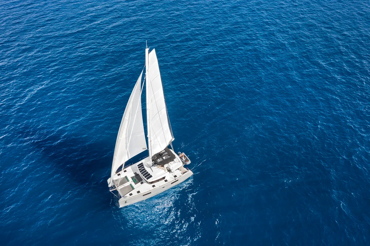 Exterior view of Emerald Gemini, a Lagoon 52 F OW catamaran at Grad Kaštela, Croatia