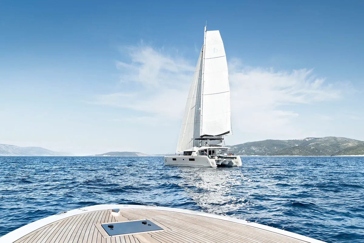 Exterior view of Emerald Gemini, a Lagoon 52 F OW catamaran at Grad Kaštela, Croatia