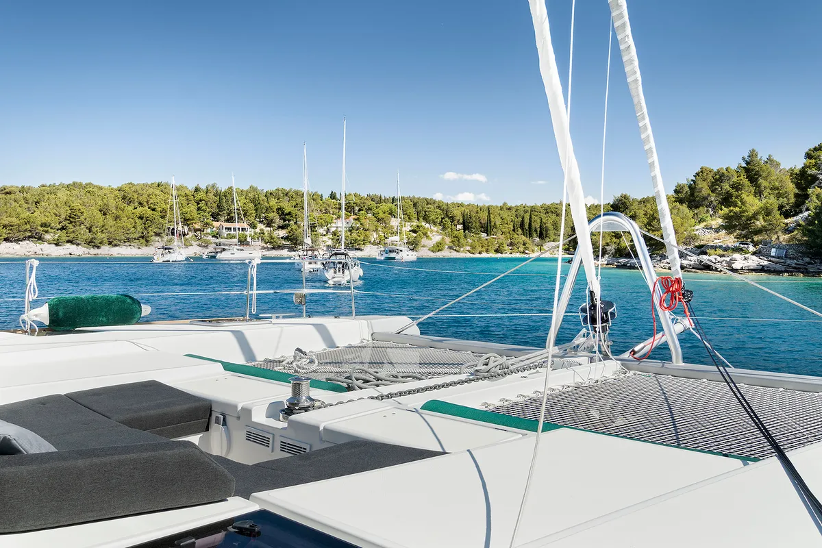 Deck of Emerald Gemini, a Lagoon 52 F OW catamaran at Grad Kaštela, Croatia