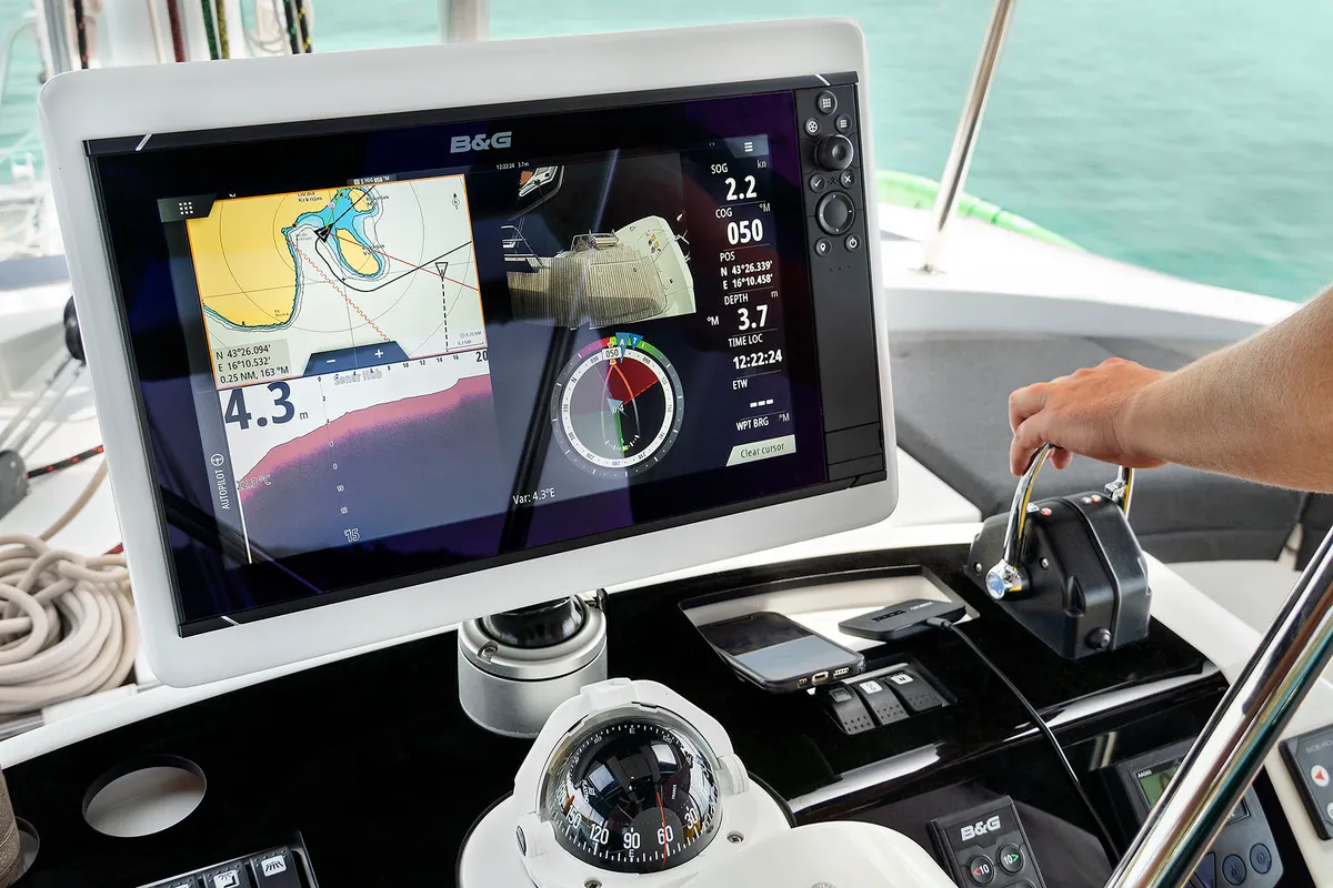 Cockpit of Emerald Gemini, a Lagoon 52 F OW catamaran at Grad Kaštela, Croatia