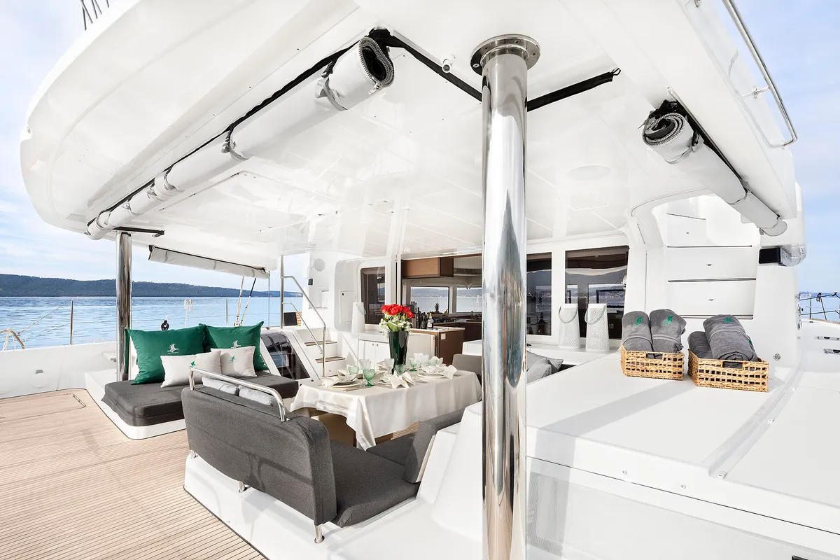 Deck of Emerald Gemini, a Lagoon 52 F OW catamaran at Grad Kaštela, Croatia