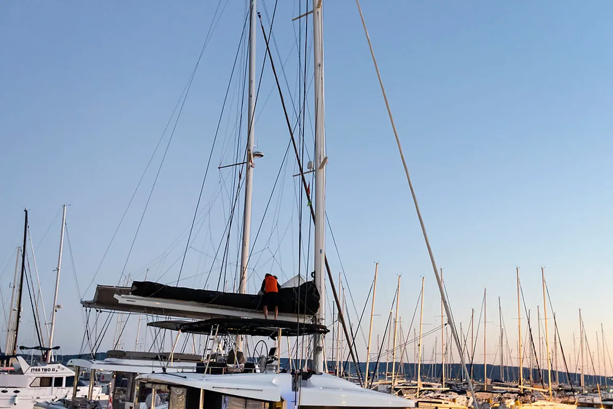 Exterior view of Emerald Gemini, a Lagoon 52 F OW catamaran at Grad Kaštela, Croatia