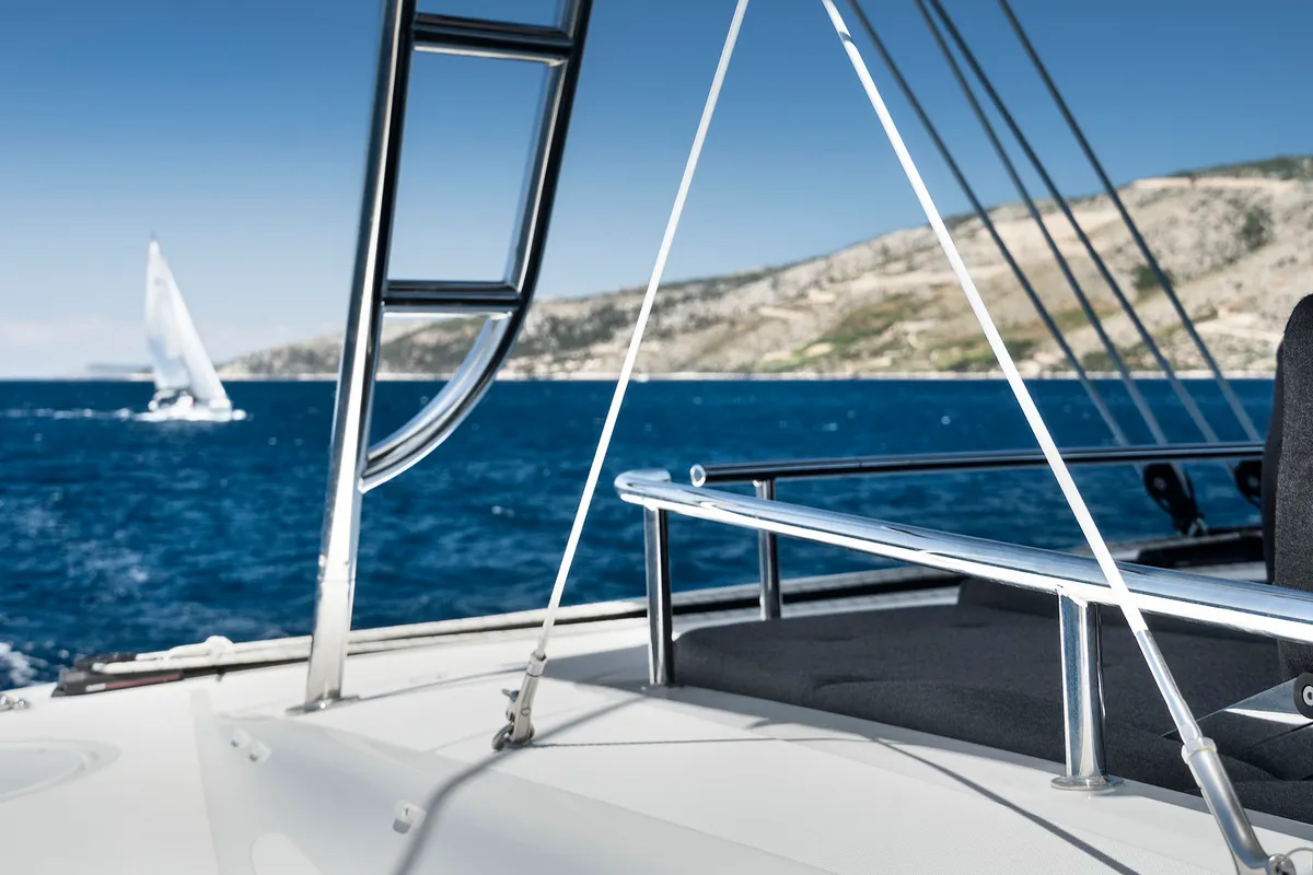 Deck of Emerald Gemini, a Lagoon 52 F OW catamaran at Grad Kaštela, Croatia