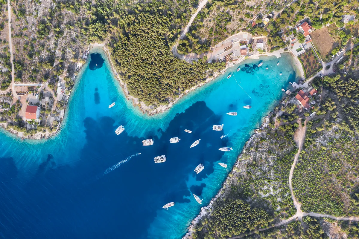 Exterior view of Emerald Gemini, a Lagoon 52 F OW catamaran at Grad Kaštela, Croatia