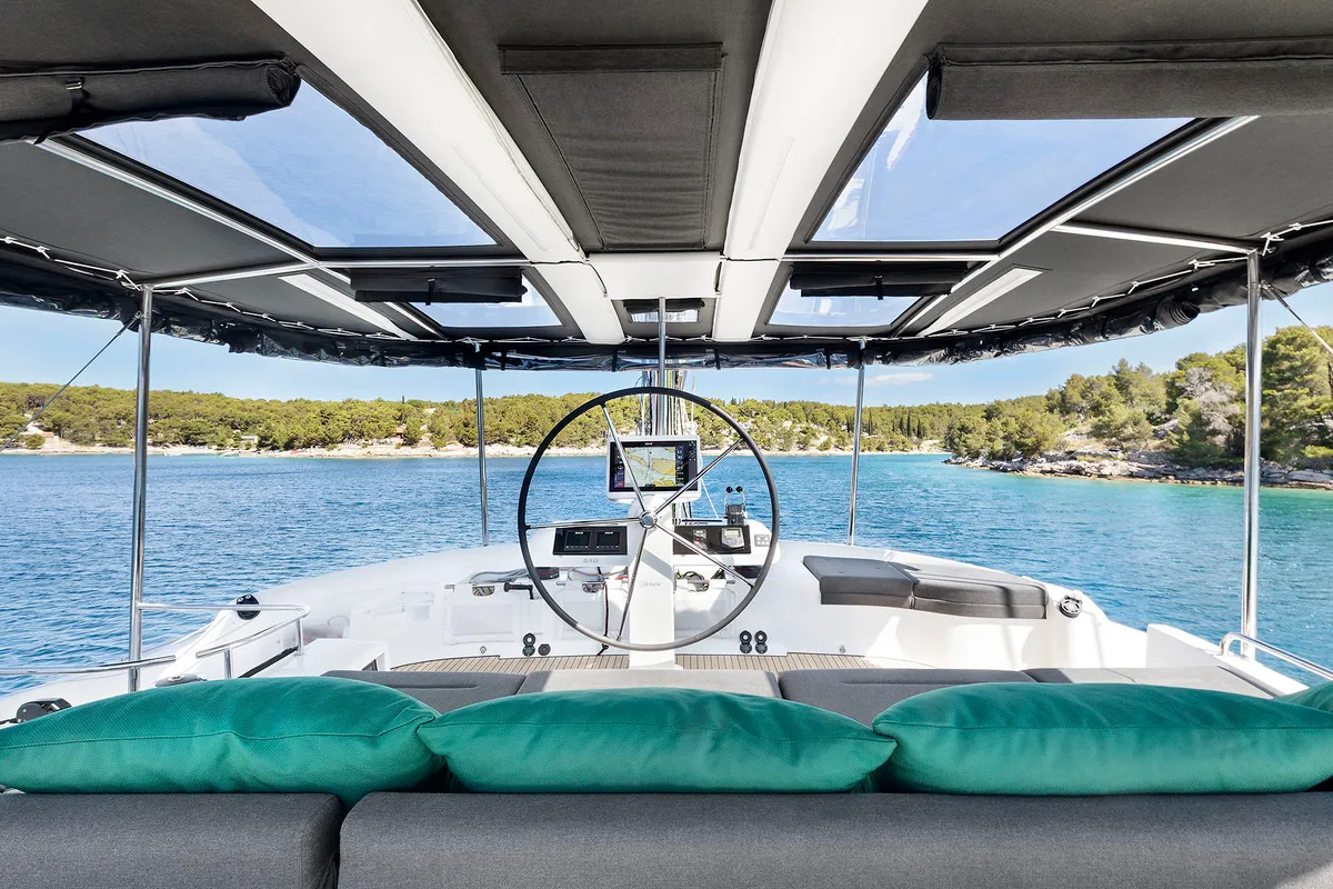 Cockpit of Emerald Gemini, a Lagoon 52 F OW catamaran at Grad Kaštela, Croatia