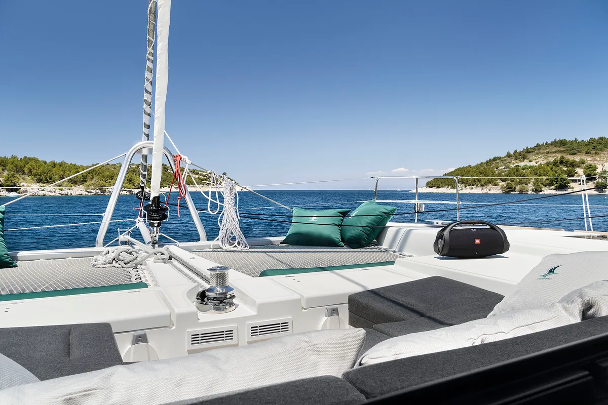Deck of Emerald Gemini, a Lagoon 52 F OW catamaran at Grad Kaštela, Croatia