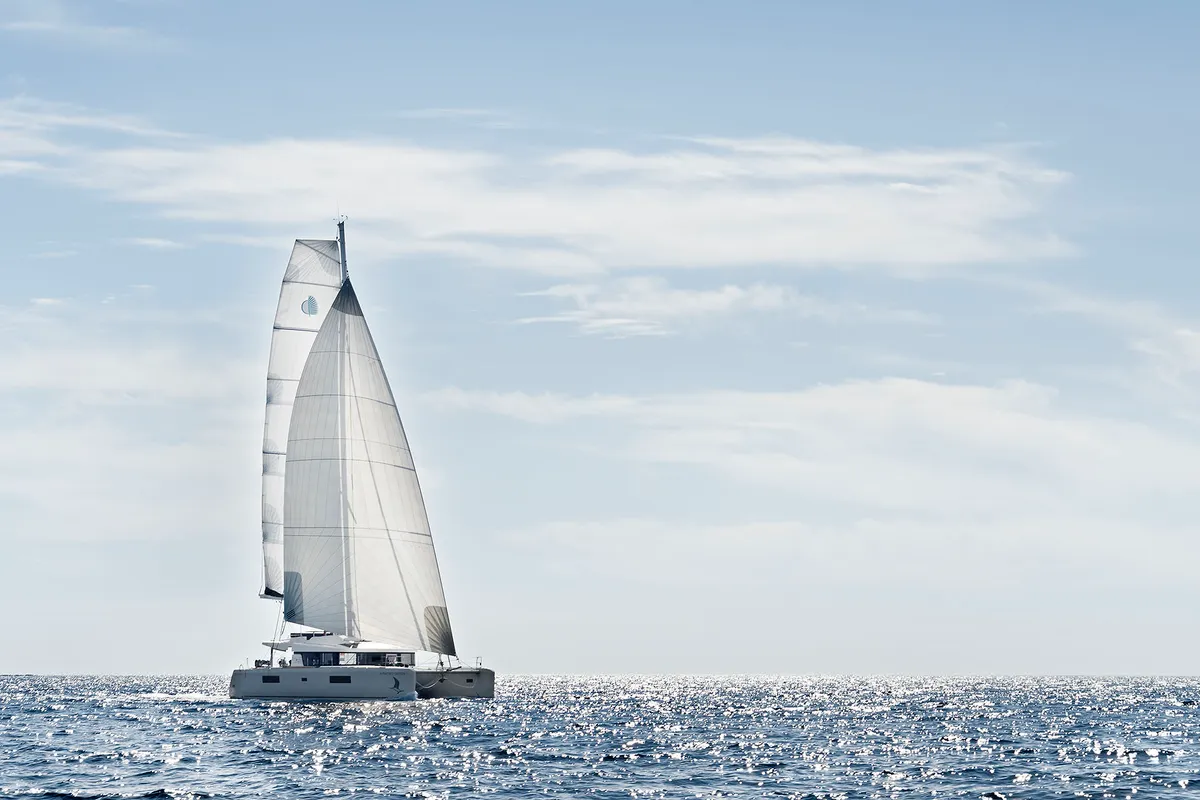 Exterior view of Emerald Gemini, a Lagoon 52 F OW catamaran at Grad Kaštela, Croatia