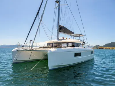 Exterior view of Michelangelo, a Lagoon 43 catamaran at Benitses, Greece