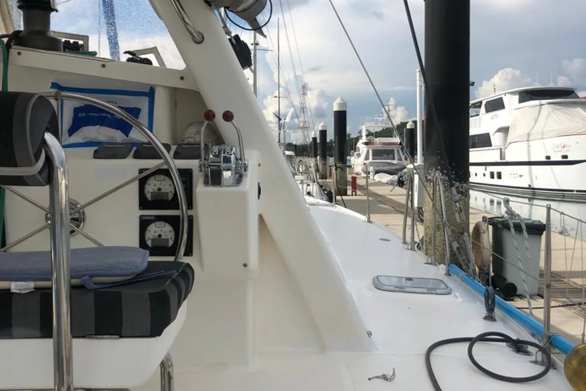 Cockpit of Kirsty B, a Custom Made Matrix Vision 450 catamaran at Mai Khao, Thailand