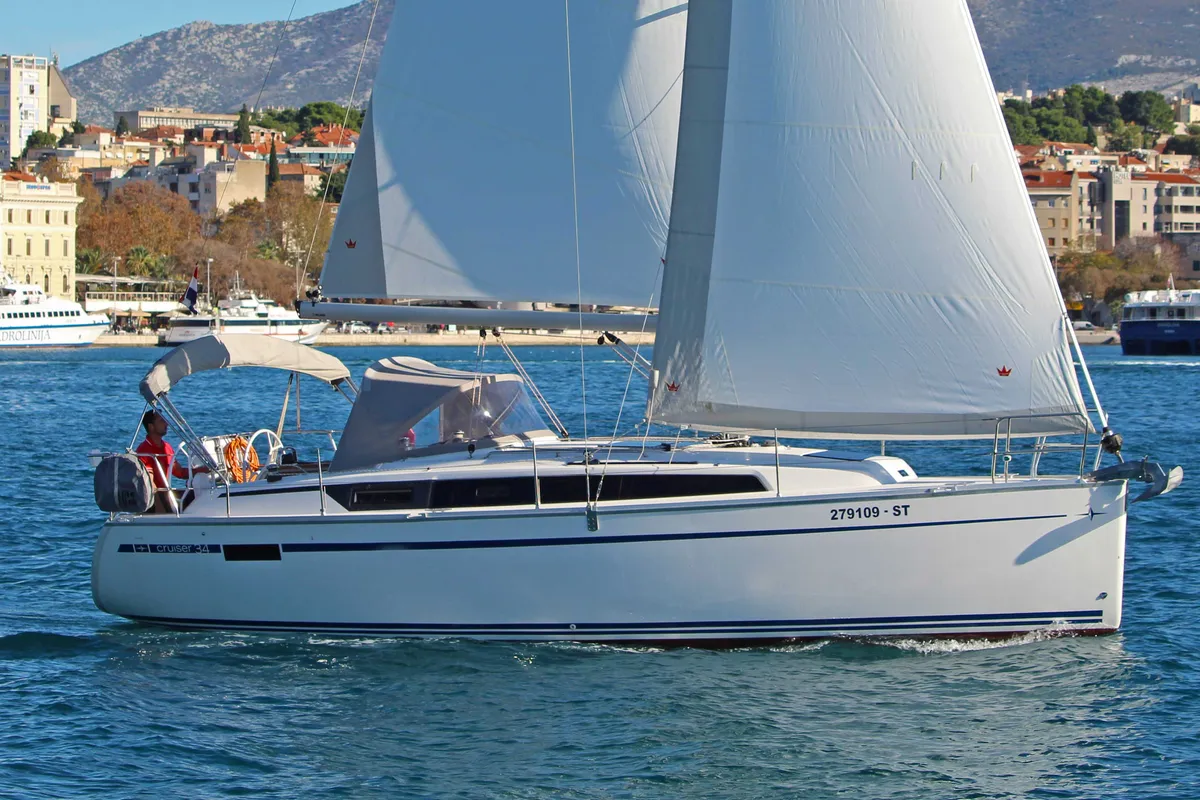 Exterior view of Bobara, a Bavaria Cruiser 34 sailboat at Split, Croatia