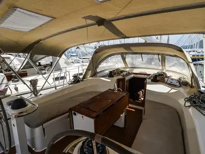 Cockpit of Santa Maria, a Bavaria Cruiser 45 sailboat at Fethiye, Turkey