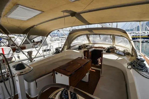Cockpit of Santa Maria, a Bavaria Cruiser 45 sailboat at Fethiye, Turkey