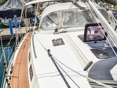 Deck of Santa Maria, a Bavaria Cruiser 45 sailboat at Fethiye, Turkey