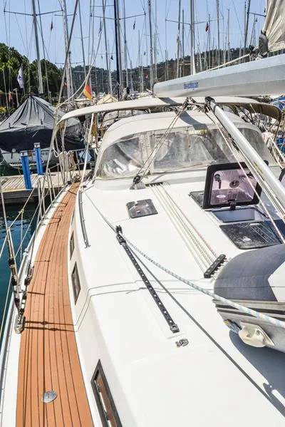 Deck of Santa Maria, a Bavaria Cruiser 45 sailboat at Fethiye, Turkey
