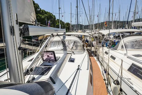 Deck of Santa Maria, a Bavaria Cruiser 45 sailboat at Fethiye, Turkey