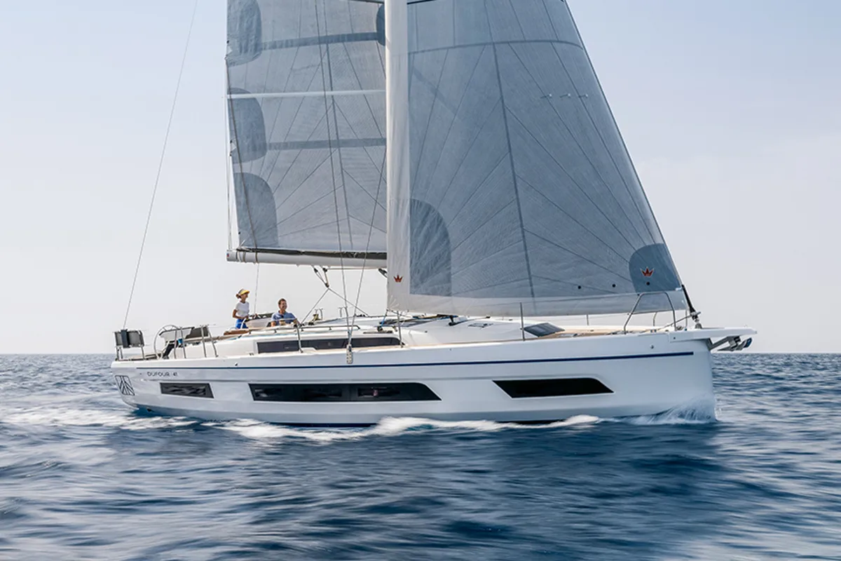 Exterior view of Equilibrium, a Dufour 41 sailboat at Municipal Unit of Lefkada, Greece