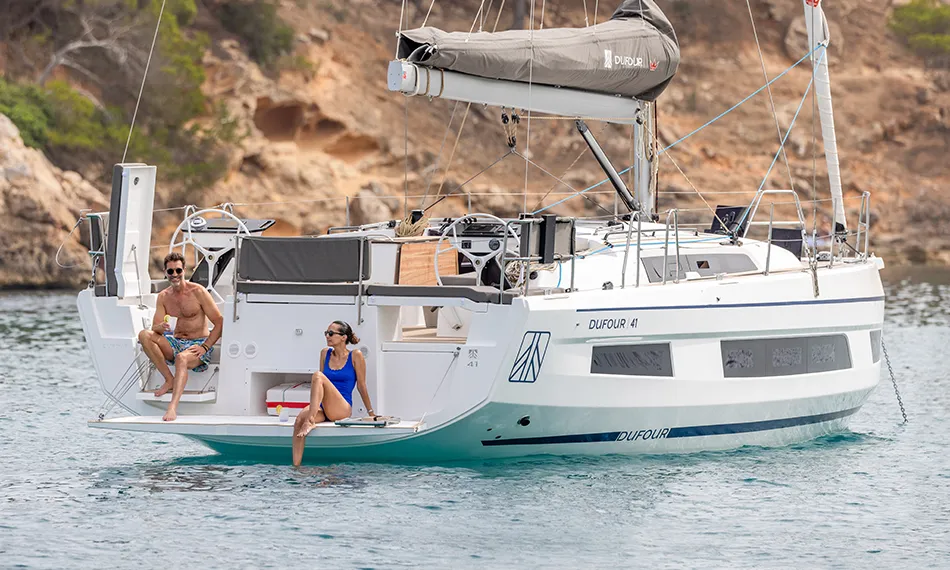 Exterior view of Equilibrium, a Dufour 41 sailboat at Municipal Unit of Lefkada, Greece