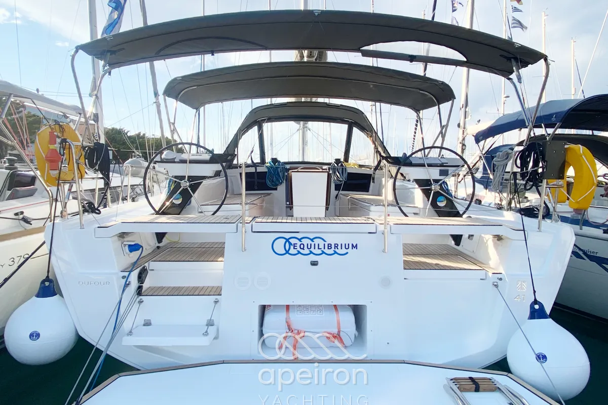 Exterior view of Equilibrium, a Dufour 41 sailboat at Municipal Unit of Lefkada, Greece