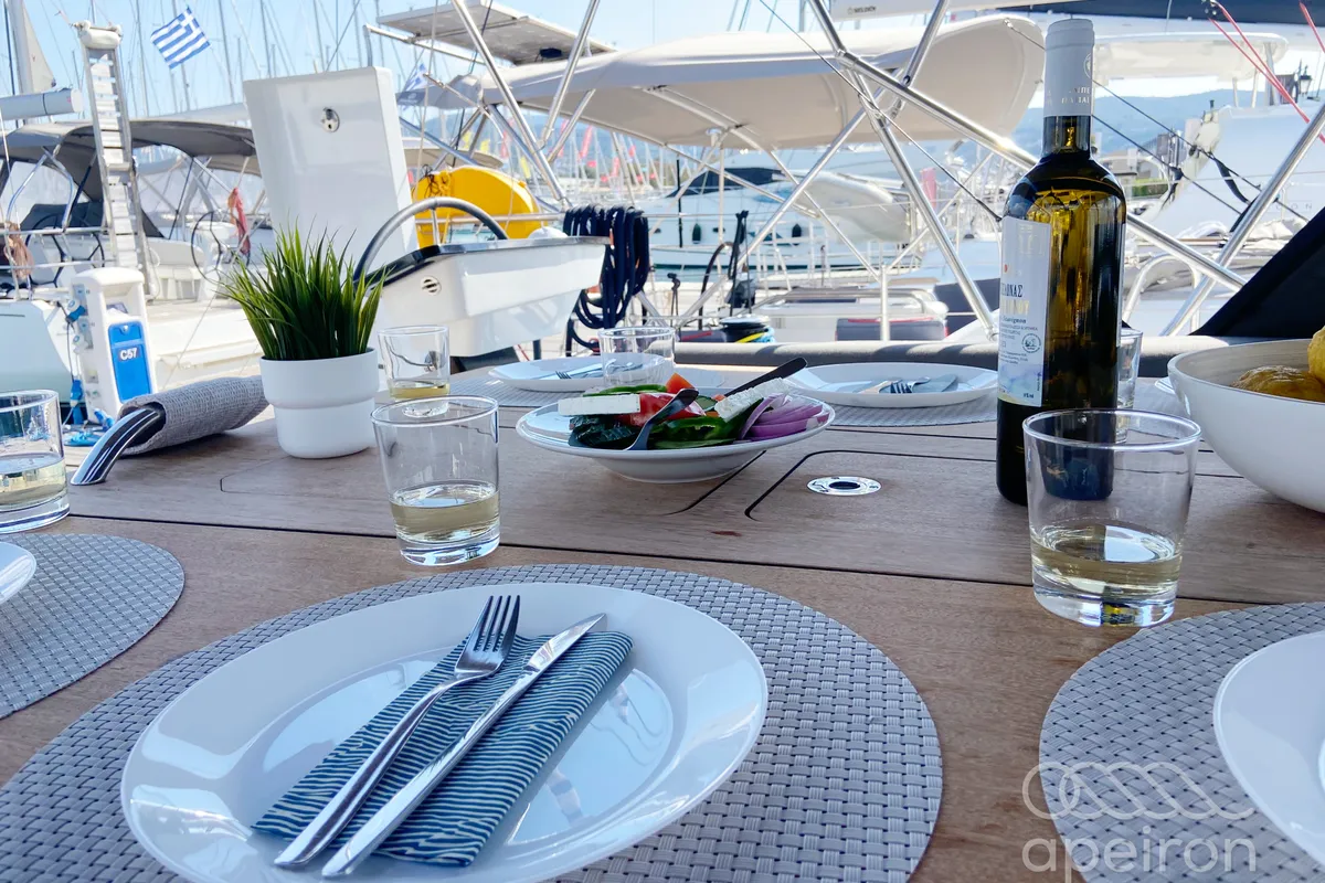 Deck of Equilibrium, a Dufour 41 sailboat at Municipal Unit of Lefkada, Greece