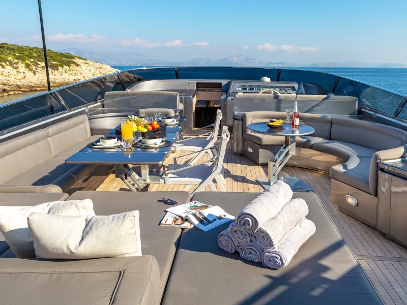 Deck of SUMMER FUN, a Admiral 101 motor yacht at Athens, Greece