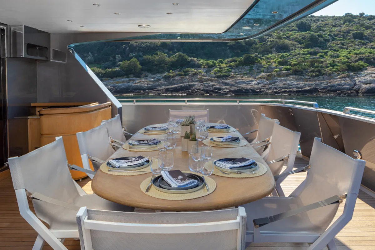 Deck of SUMMER FUN, a Admiral 101 motor yacht at Athens, Greece