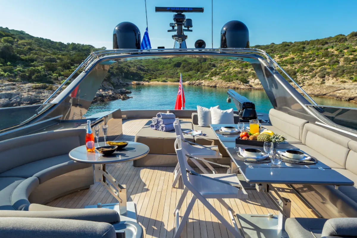 Deck of SUMMER FUN, a Admiral 101 motor yacht at Athens, Greece