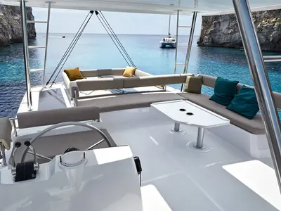 Cockpit of Premium, a Bali 4.8 catamaran at Vibo Valentia, Italy