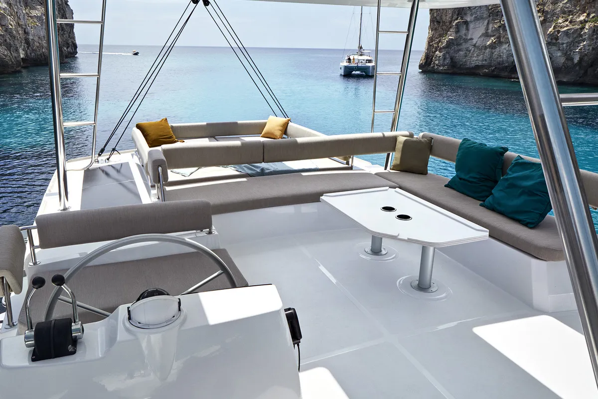 Cockpit of Premium, a Bali 4.8 catamaran at Vibo Valentia, Italy