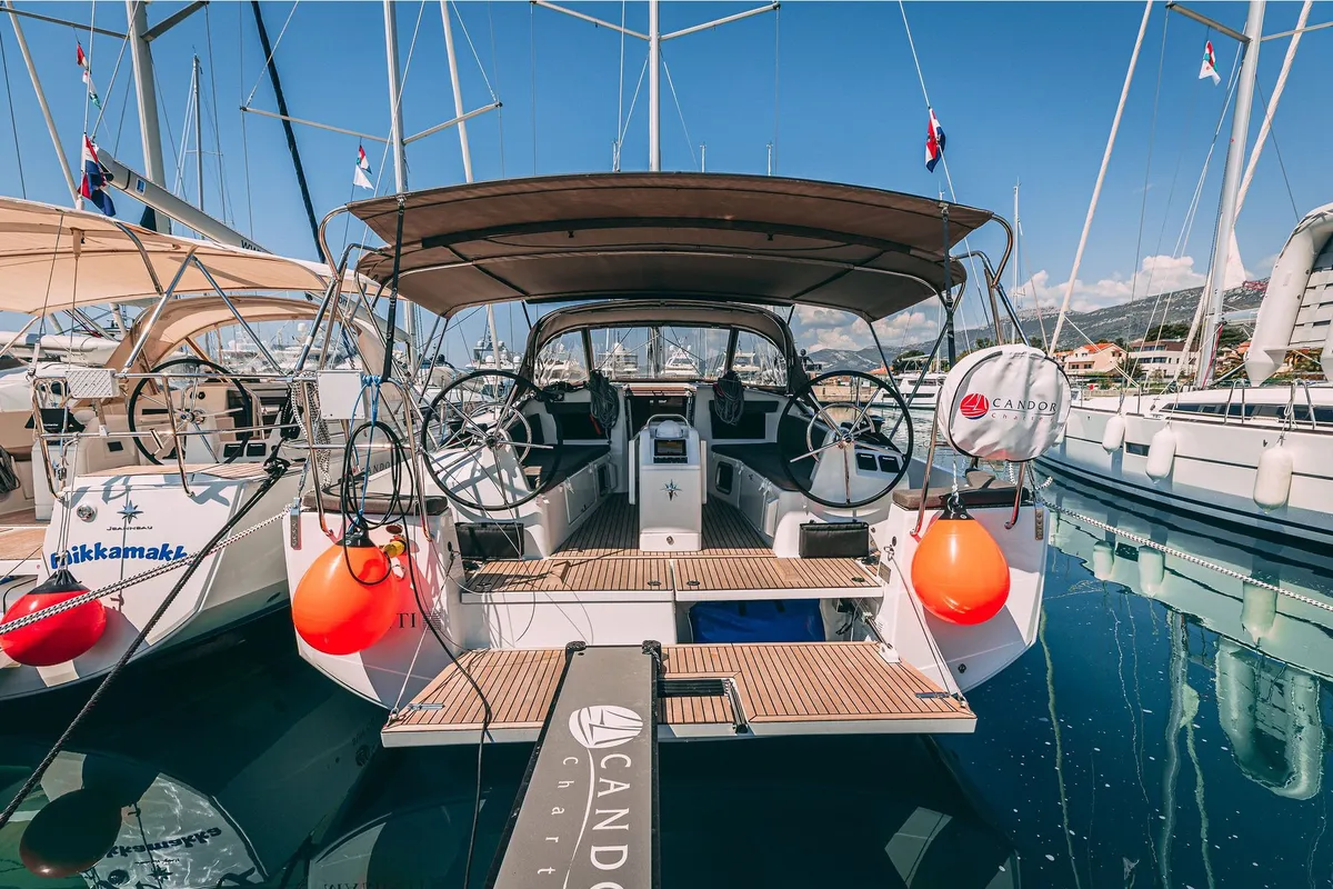Cockpit of Maminti, a Jeanneau Sun Odyssey 410 sailboat at Kaštela, Croatia